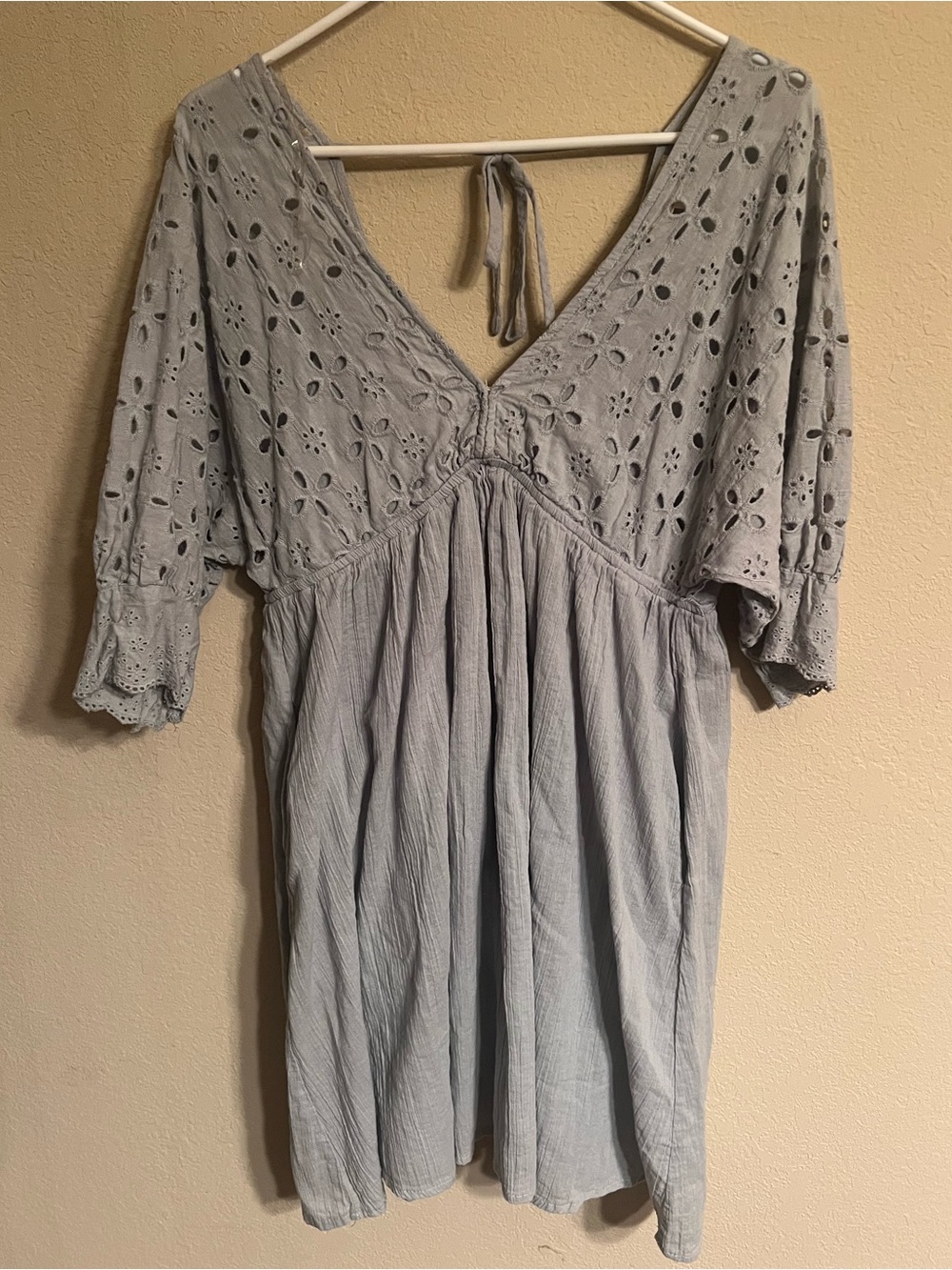 Listicle Light Gray-Blue Eyelet V-Neck Dress